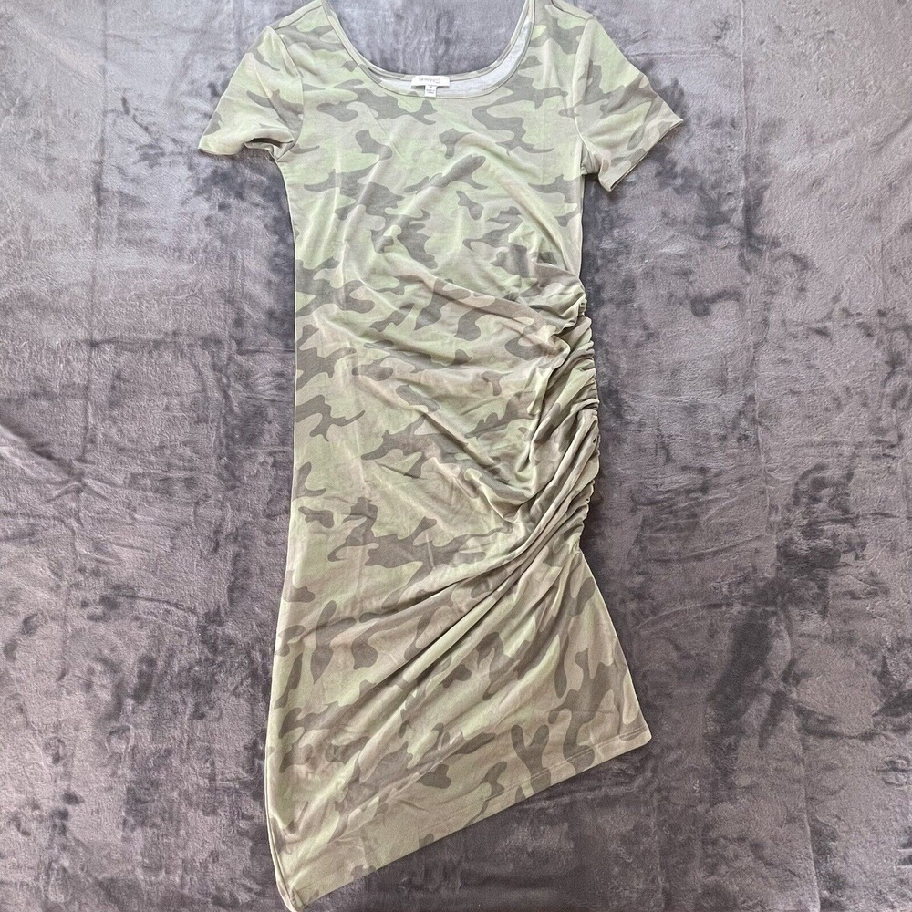 Skinnygirl Connie Dress Medium Green Camouflage Ruched Earthy Outdoors Camo